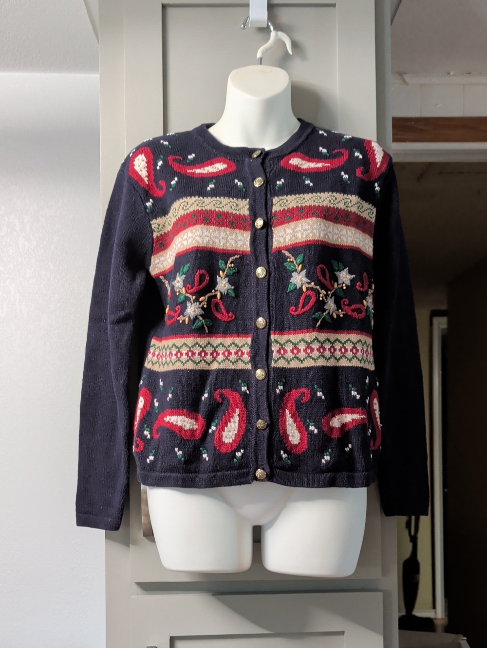 Navy Embroidered Paisley Button-Up Cardigan